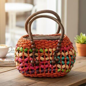 Vintage Boho Handmade Woven Bag Multicolor Wood Beads Small Tote
